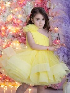 Girl's Dresses Yellow flower girl dress sheer fluffy style one shoulder wedding birthday party first communion dress d240515