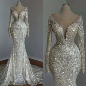 Light Champagne Chart Mermaid Wedding Dress Sheer Neck Saudi Arabic Beaded Wedding Dresses Long Sleeves Dubai Bridal Gowns 0515