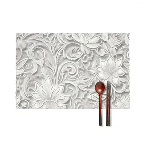 Tapetes de mesa 6pcs Coloque os placemats resistentes ao calor para jantar com padrão floral branco lavável