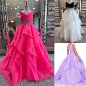 Hot Pink Girl Pageant Dress Teens Ruffle Organza Little Kid Princess Födelsedag Formell festklänning Toddler Peteens Young Junior Miss Flower Girl Black White Feather