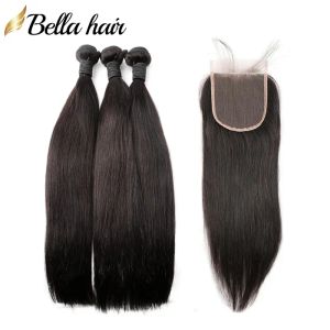Утокивание Bellahair Peruvian человеческие волосы утомили с закрытием шелковистые прямые наращивания волос с головой 4 пучки Добавить 1 шт.