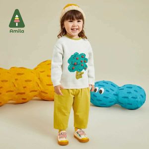 Trousers Amila Baby Boy Girs Simple Versatile Pants 2023 Autumn New 100% Cotton Comfortable Fashion Casual Mens and Childrens ClothingL240502