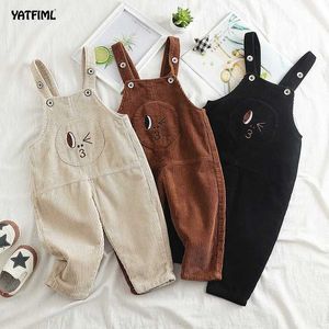 Overalls Preschool cartoon baby boy and girl warm corduroy covered pants in spring and autumn solid color thick casual bib pants 1-3Y d240515