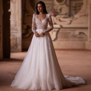 A-Line Illusion Sequins Wedding Dresses 2024 Scalloped Long Sleeve Robe De Mariee Lace Appliques 3D Flowers Bride Formal Gowns Vestido De Novia
