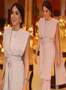 2018 Pink Evening Dresses with Sleeveless Cape Drapped Sashes Jumpsuit Crystal Belts Modern Crepe Crystal Formal Suit Party Prom G4712900