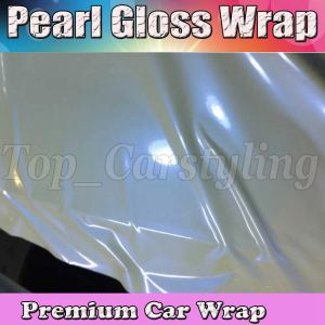 Klistermärken Pearlecsent Glossy Shift White / Blue Vinyl Wrap With Air Release Pearl Gloss Gold för bil Wrap Styling Cast Film Size 1.52x20M / Ro