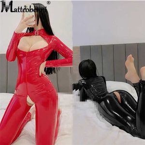 Sexy Conjunto feminino de couro artificial Roupas de encaixe apertado PVC LATEX RECULHA ZIPPER OPEN CROTHS MUNCHSAIT ELÁSTICA Q240514