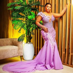 2024 Lilac Plus Size Prom Dresses for Special Occasions Illusion Promdress Long Sleeves Beaded Lace Rhinestones Decorated Birthday Dress Engagement Gowns AM925
