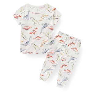 Pyjamas Summer Cartoon Baby Boy and Girl Pajamas Bamboo Fiber Top+Soft Pants Casual Wear för 1-5 år gamla pojkar D240515