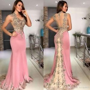 2020 Sexy Cheap Pink Mermaid Evening Dresses Wear V Neck Lace Appliques Crystal Beaded Sleeveless Sheer Back Formal Prom Dress Party Go 3437