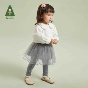 Pantaloni Amila baby culotte 2023 autunno nuovo luce e sottile versatile testa ricamato a garze sottili giradischi per bambini vestiti per bambini vestiti di abbigliamento 240502