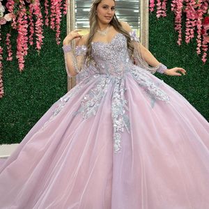 Lilac Sweetheart Quinceanera Dress 2024 Off the Spall Appliques perle in pizzo festa dolce 16 abiti da ballo da ballo abiti da ballo di laurea