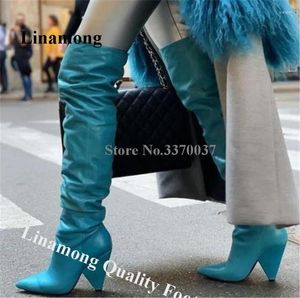 Boots Linamong Est Pointed Toe Over Knee Spike Heel Blue Leather Slim Stlye Strange Heels Long Club Dress Shoes