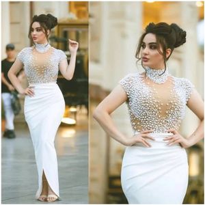 Elegant White Arabic Evening Dresses Long High Neck Beaded Pearls vestido de festa Sexy Formal Dress 2020 Mermaid Evening Gown 2514