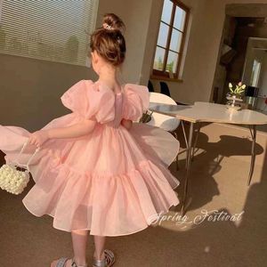 Girl's Dresses Summer Cute Girl Pink Princess Dress Mesh Fluffy Short Sleeve Dress Preschool Childrens Fantastic Birthday Party Dress Tutu Clothing 2-7Y d240520