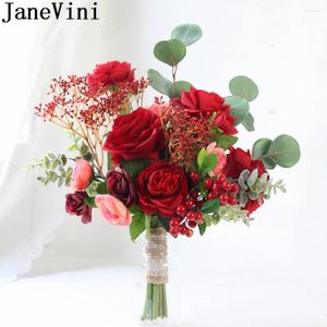 結婚式の花Janevini Red Flower Bride Bouquet人工牡丹ヒマワリユーカリ黄色いブライダルハンドブーケ花嫁介添人バラ