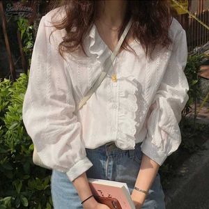 Women's Blouses Shirts 2024 Swt Korean Style Ruffled V-neck Long Slve Shirt Solid Cotton Simple Womens Tops and Blouses Ladies New Clothes 8561 Y240510