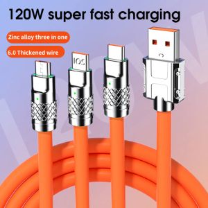 3 في 1 كبل الشحن السريع 6A 120W المعدن السائل السيليكون النوع C Micro USB Charger Cable 1.2M Line for iPhone Android