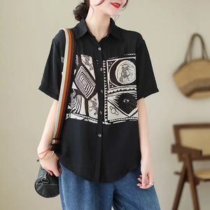 Spring Summer Fashion Elegant Polo Neck Short Sleeve Blouses Casual Versatile Western Print Clothing Womens Shirts 240429