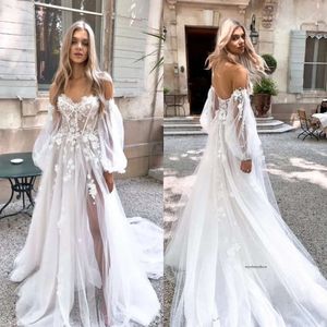 Boho A Line Dresses Applicies Puffy Sleeve Tulle Designer Brudklänningar Sop Train Wedding Dress 0515