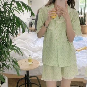 Home Clothing Cotton Sleepwear Korean Pajamas Women Autumn Cute Heart Print Pyjamas Short Sleeve Pijama Female Set Negligee Ins Cardigan
