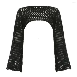 Women's Sweaters Women Y2k Crochet Knit Hollow Out Crop Top Long Flared Sleeve Shrug Sweater Mesh Cover Ups Cardigan Streetwear Pullover