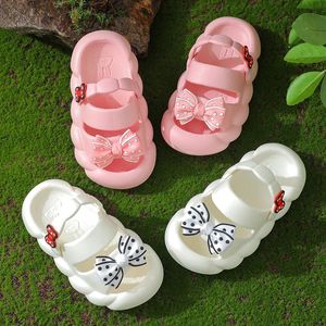 Summer Bow Baby Slippers For Children Cold Indoor NonSlip Soft Bottom Comfort Cute Hole Shoes Girls Home Slides 240515