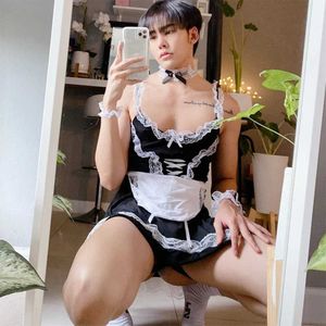 Seksi Set Erkek Seksi Lingerie Rol Yapma Kadın Giyim Dantel Kolye Elbise Çapraz giyinme Erkekler Eşcinsel Fetiş Set Sissy Seks Önlük Q240514