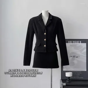 Tvådelklänning Insozkdg Autumn Korean Elegant Black 2 Set Women Outfits Casual Vintage Jacket Office Lady Slim Mini Kirt Blazer Suit