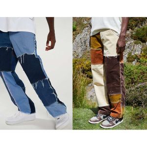 men's jeans with contrasting colors, washed and patchwork denim pants M515 55