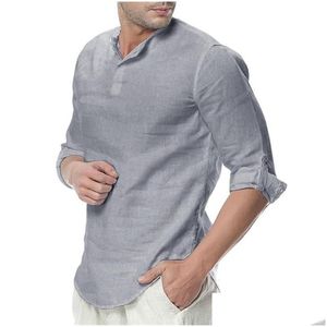 Mens Casual Shirts Cotton Linen Henley Shirt 3/4 Sleeve Breathable Fashion Summer Beach Tops Drop Delivery Apparel Clothing Dhgfl