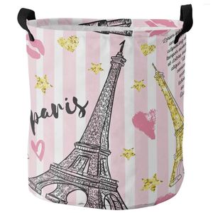 Tvättpåsar rosa ränder Eiffel Tower Lips Golden Stars Dirty Basket Foldbar Home Organizer Klädbarn Toy Storage