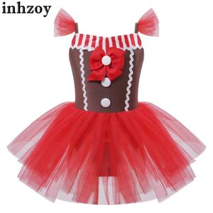 Dancewear Kids Girls Christmas Xmas Gingerbread Costume Holiday New Year Party Cookie Cami Dress Bowknot Striped Tutu Dresses Leotardl2405