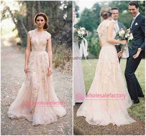 Tanie różowe szampanowe szampany koronkowe sukienki ślubne Reem acra puffy a linia sodowa solidna sukienki ślubne w stylu wiejskiego wiejskiego ogrodu bo6089