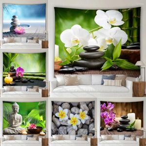 Tapisserier Zen Stone Tapestry Green Bamboo lämnar River Candle Spa Purple Orchid Buddha Statue Landscape Hemvägg hängande dekor Konst väggmålning