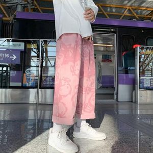 Men's Pants Male Sweatpants Trousers Mid-rise Elastic Waistband Drawstring Pockets Men Cartoon Print Straight Wide Leg Streetwear