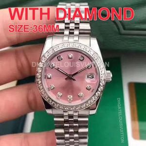 Tittar högkvalitativt mode kvinnor titta på mekanisk automatisk 36mm diamant bezel safir rosa damer klockor designer ss stålband armbandsur montre montre