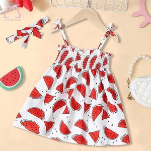 Girl's Dresses 2 pieces/set of cute summer baby girl sleeveless dresses for children with soft skin clothing. 0 to 2 pieces for toddlers with bow headbands d240515