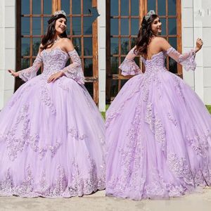 2020 nowe sukienki Lilac Quinceanera Sweetheart Lace Applique gorset z tyłu tiulowy satynowy konkurs