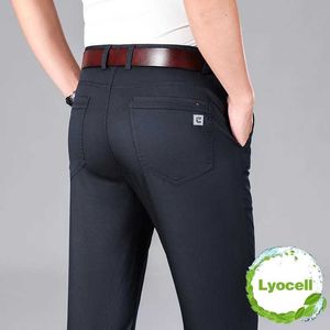 Calça masculina verão novo lyocell tecido mass de luxo calças finas casuais estilos clássicos solteiros lison techas de negócios masculino Brand Black Y240514