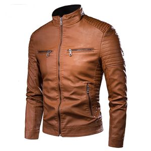 Männer Spring Brand Kausaler Vintage Leder Jacke Coat Outfit Design Motor Biker Zip Pocket PU 240426