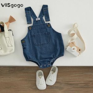 Overalls Visgogo Baby Boys and Girls Denim Jumpsuit med fickor ärmlösa jumpsuitknappar Jeans Summer Wear D240515