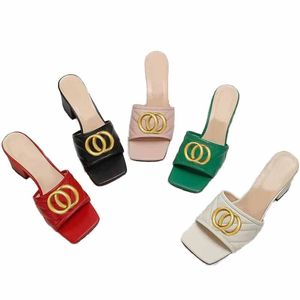 Классические дизайнерские женские пляжные половины тапочки 100% кожа толстые каблуки Металлические слайды для кожи летние женские туфли Lazy Sandal