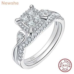 Wedding Rings Newshe Exclusive Womens Bride Set 2-piece Sterling Silver 925 Ring Halo Round Cut Polyester 5A CZ Exquisite Jewelry Q240514