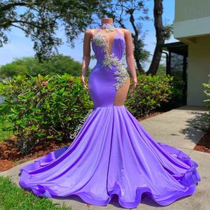 Crystal Purple Mermaid Sukienki na studniówkę 2022 kantar bez pleców długi wieczorne sukienki czarne dziewczyny z koralikami kolacja noszona szata de soiree vestido 275z
