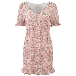 Letnia różowa kwiatowa sukienka do nadruku krótki rękawa Krótkie sukienki w szyku w kształcie dekoltu Y4W09225N