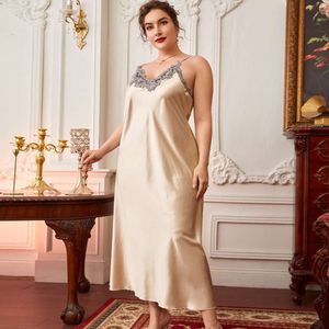 Adding Fat and Enlarged Pajama Sling Dress Spring/Summer Thin Fashion Lace Nightgown Long Imitation Silk Casual Home Fur F51546