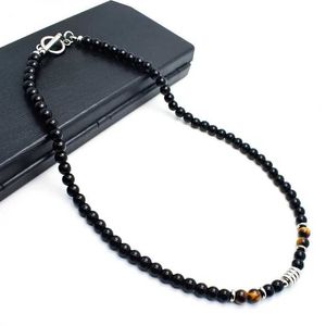 Bärade halsband Naturliga Tiger Eye Stone Black Bead -halsband för herrar i rostfritt stålpärlor Hip Hop -halsband för mens smycken Tillbehör Ny D240514