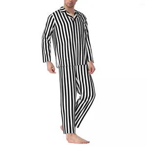 Home Clothing Black White Striped Sleepwear Spring Vertical Lines Print Casual Oversized Pajamas Set Man Long Sleeve Fashion Suit