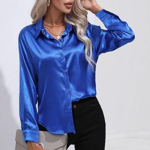 Women's Blouses White Satin Blouse Women Business Shirts 2024 Autumn Casual Lapel Long Sleeve Blue Office Shirt Woman Elegant Silk Button Up